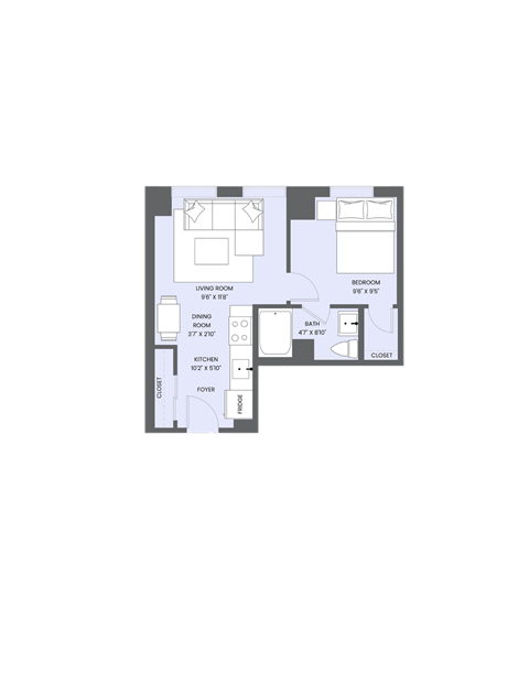 Floor plan for 1 bed, 1 bath, 402 sqft